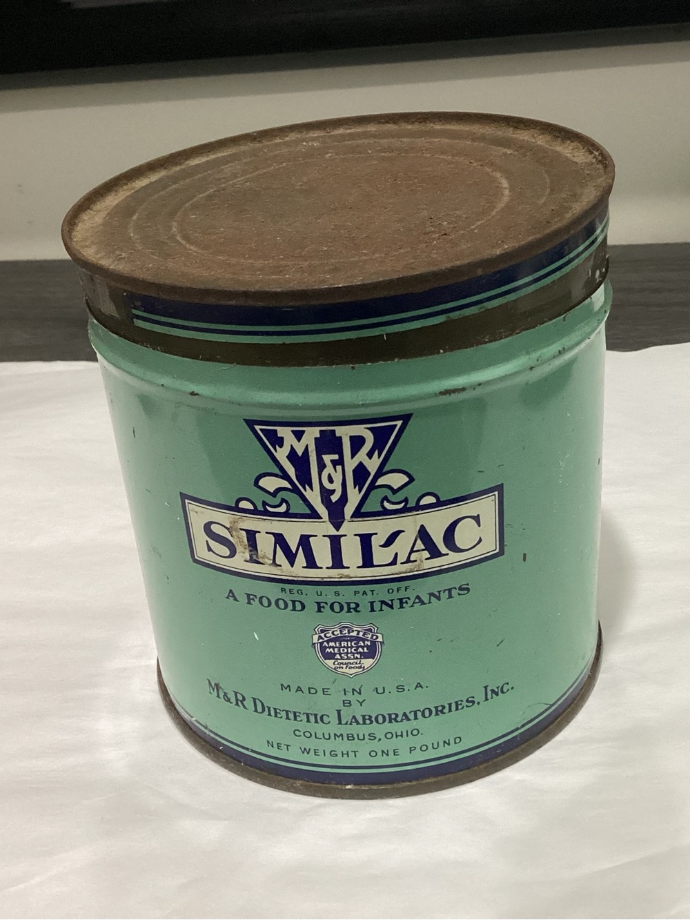 V SIMILAC for Infants teal, swhite and navy tin.  Highly Collectible 1930s